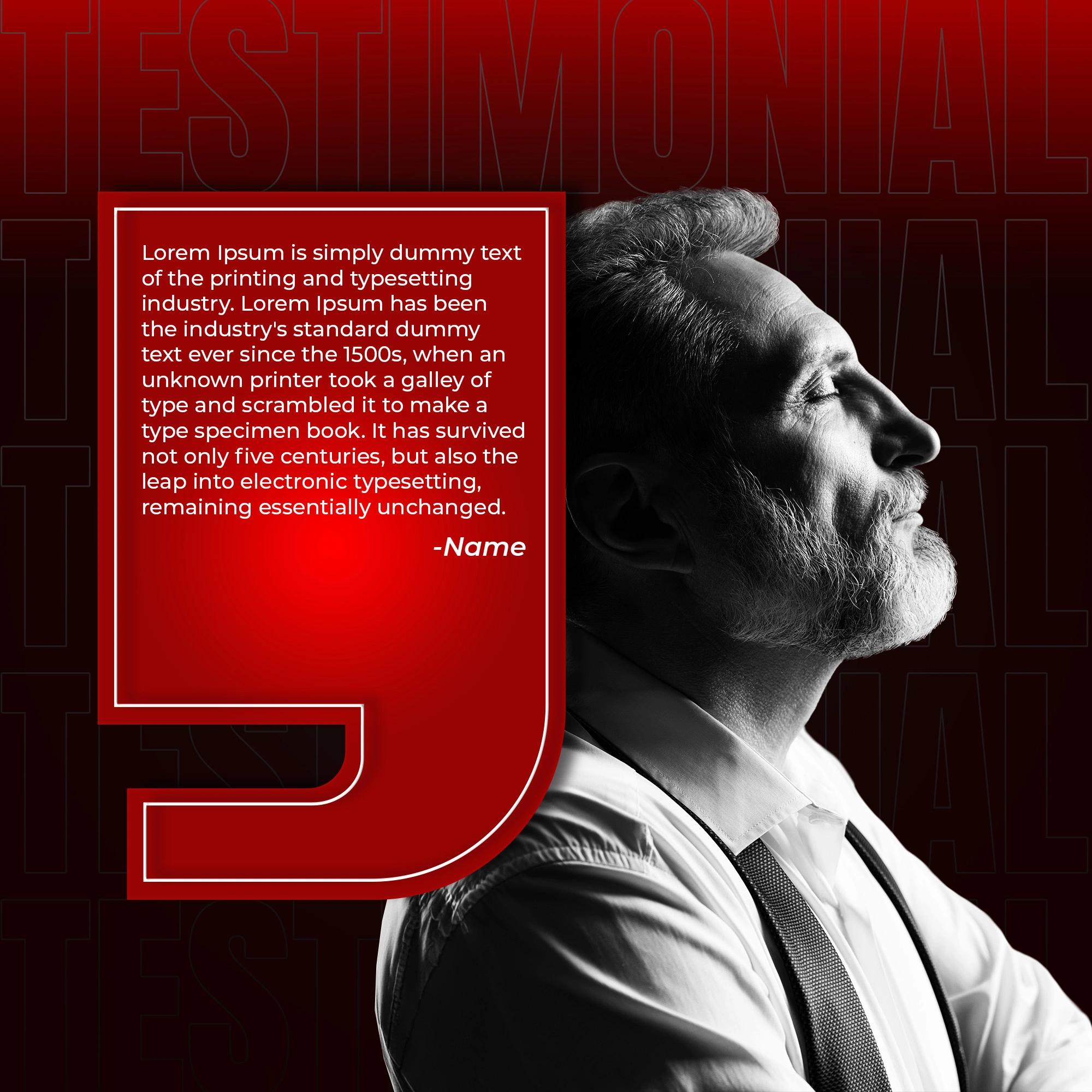 Red and black motivational quote graphic featuring a monochrome portrait of a bearded businessman and a large quotation mark.
