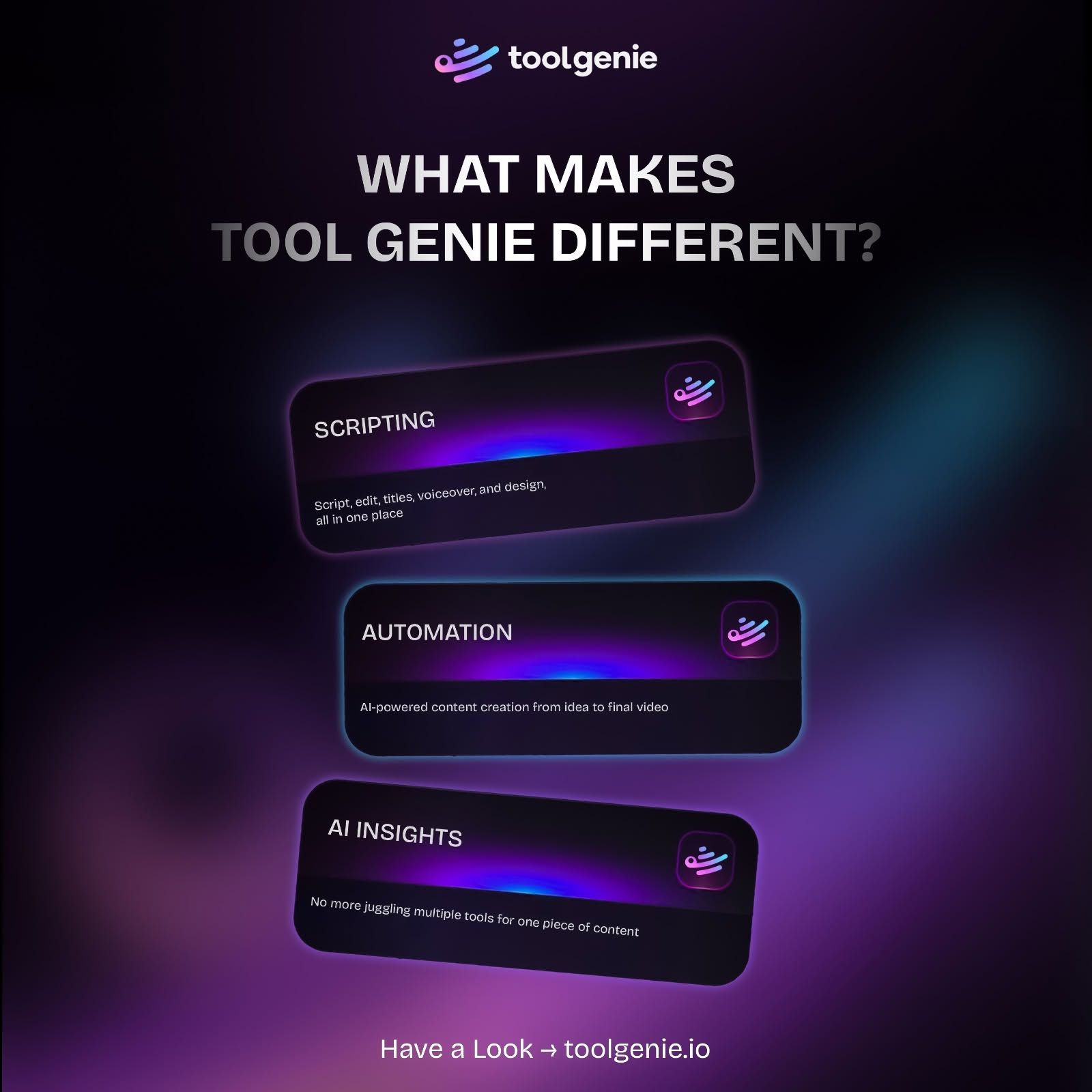 ToolGenie promotional graphic featuring three glowing feature cards labelled Scripting, Automation, and AI Insights on a dark futuristic background.