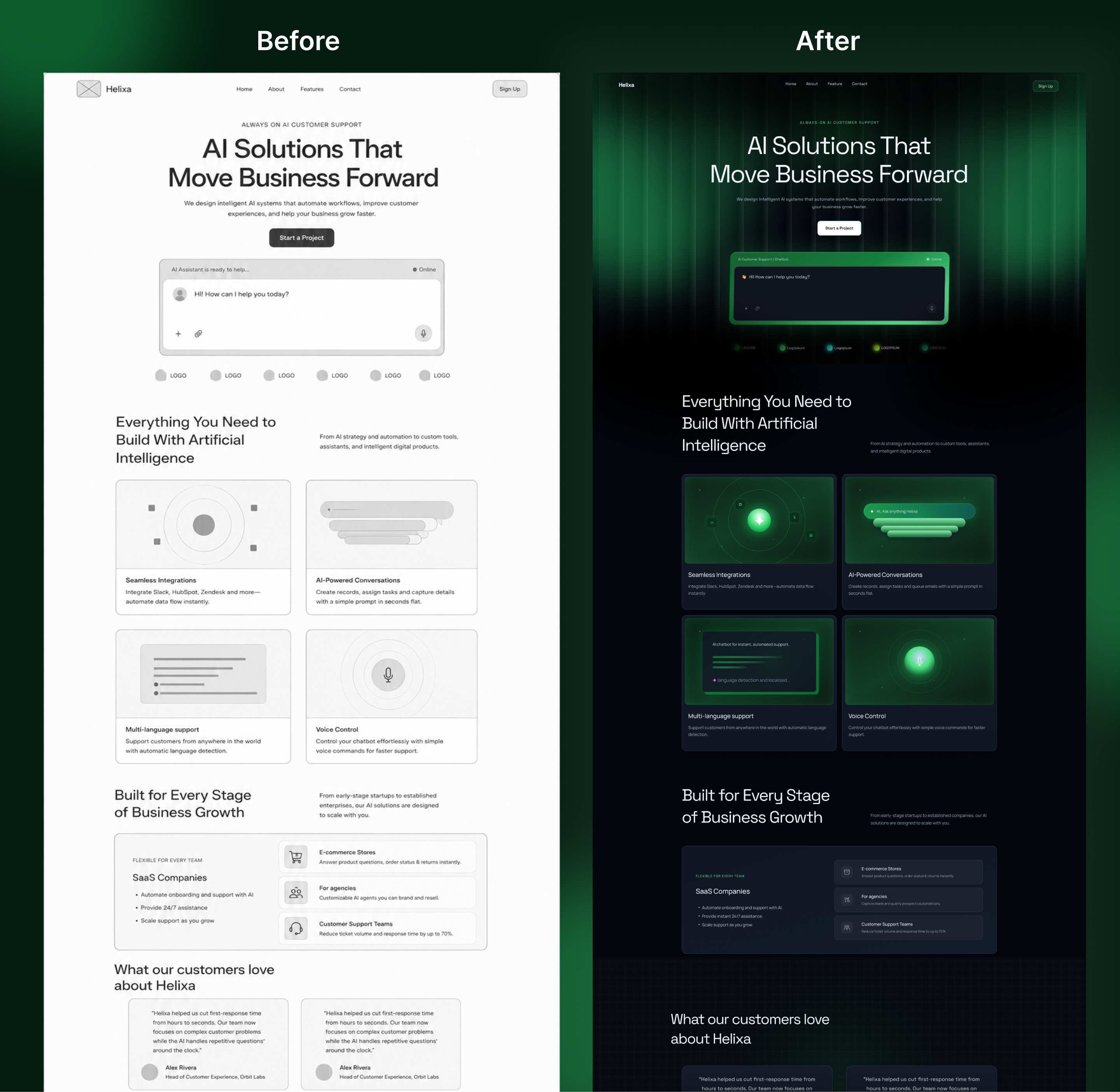 Helixa AI website redesign showing before wireframe and after high-fidelity landing page