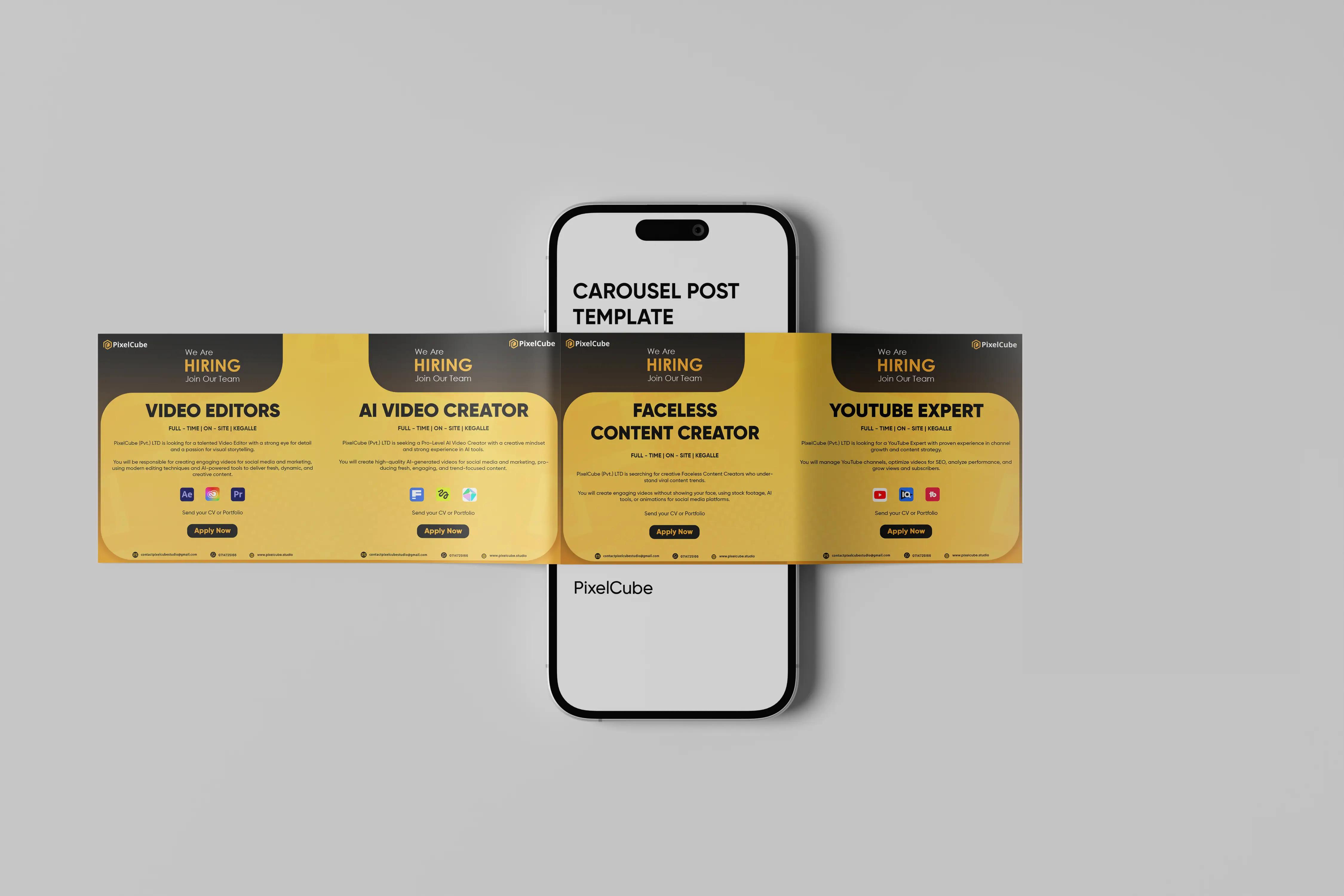 PixelCube recruitment carousel mockup featuring hiring posts for video editors, AI video creators, faceless content creators, and YouTube experts.