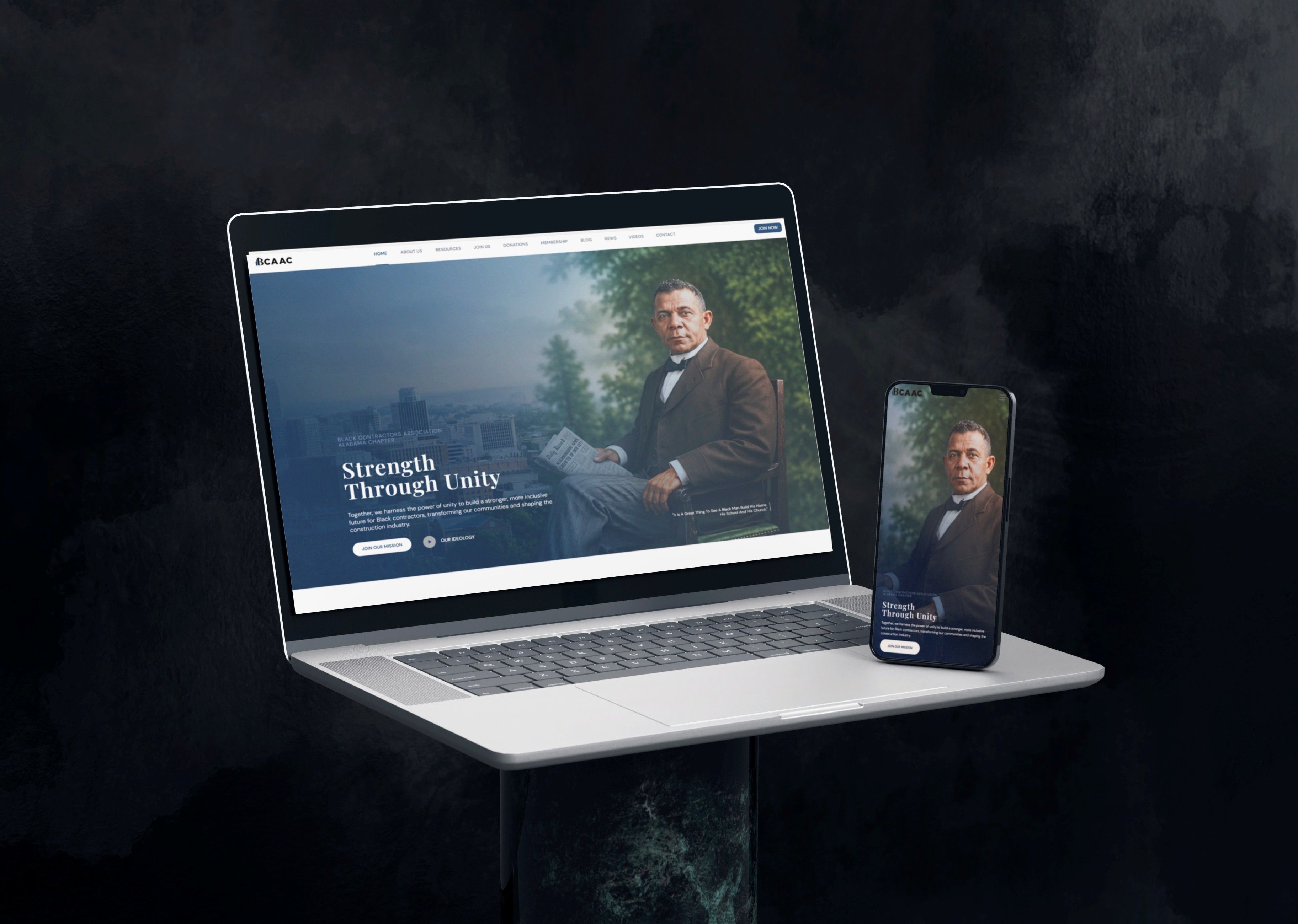 Responsive Black Contractors Association Alabama Chapter website displayed on a laptop and smartphone, showcasing the Strength Through Unity homepage across multiple devices.