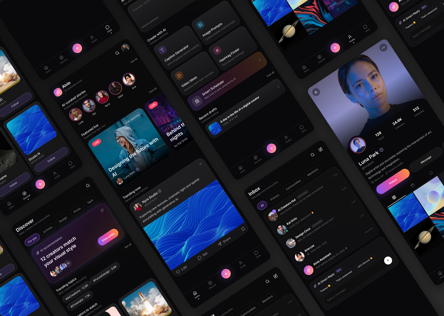 Dark AI creator social mobile application interface