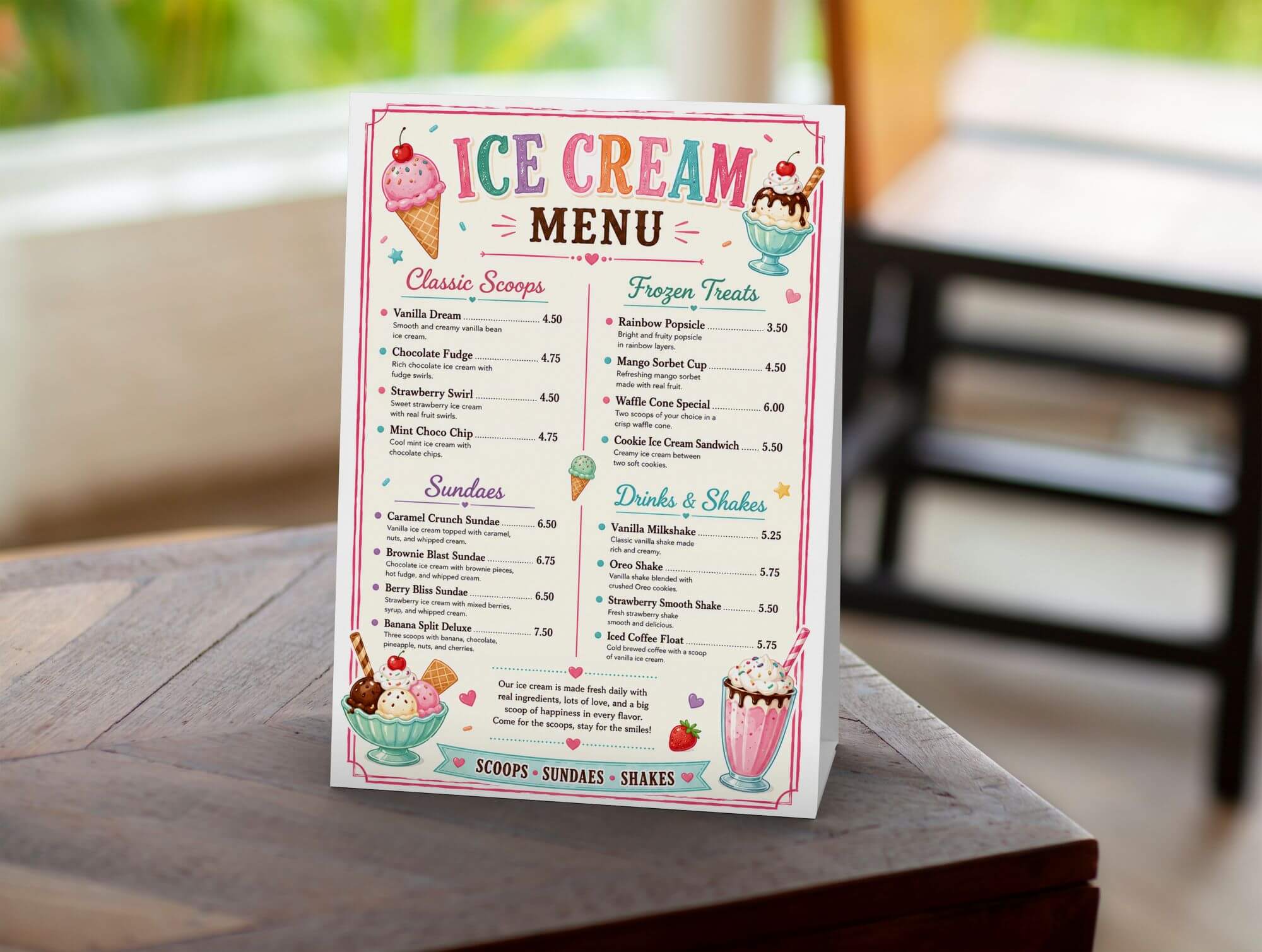 Creative ice cream menu flyer featuring colourful dessert illustrations, menu categories, and pricing.
