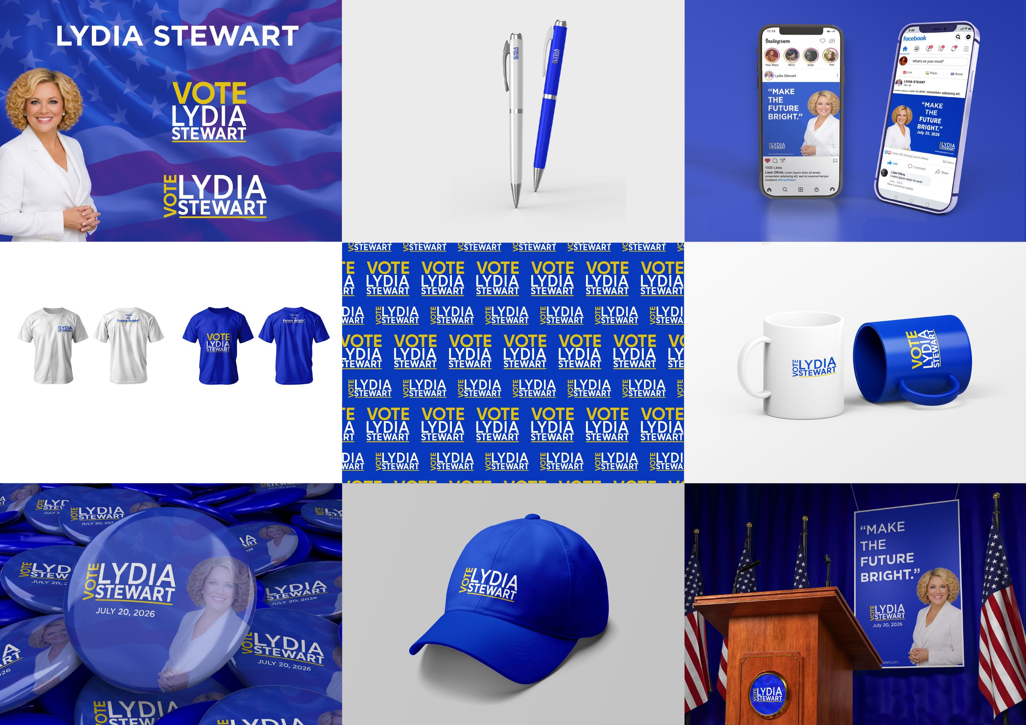 Lydia Stewart political campaign branding system featuring campaign logo, merchandise, social media graphics, posters, podium branding, and promotional materials.