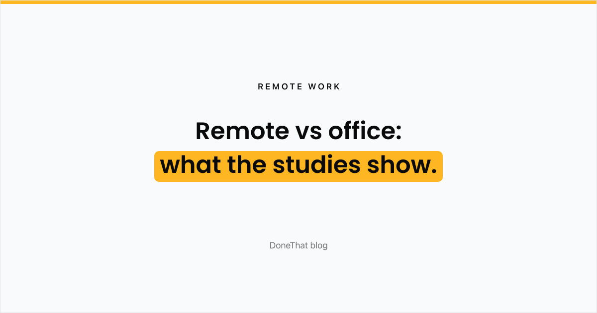 Title card reading 'Remote vs office: what the studies show', summarising a review of remote-work productivity research.
