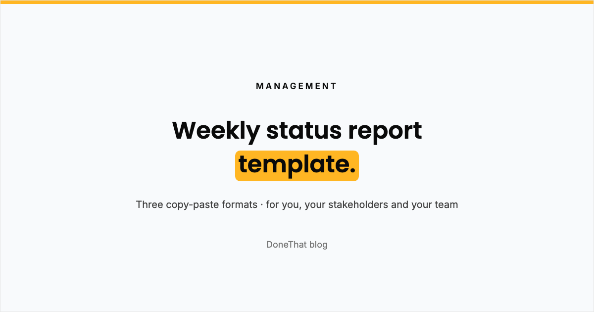 Title card reading Weekly status report template, three copy-paste formats for you, your stakeholders and your team, on the DoneThat blog.