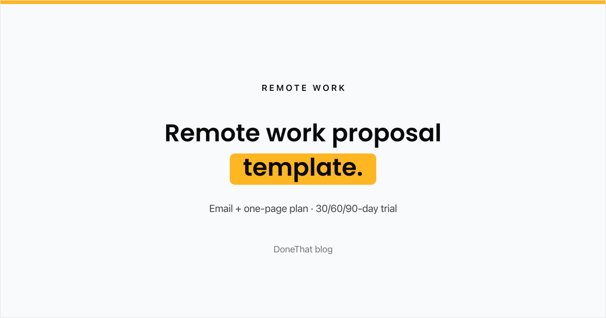 Title card reading Remote work proposal template, email plus one-page plan with a 30/60/90-day trial, on the DoneThat blog.
