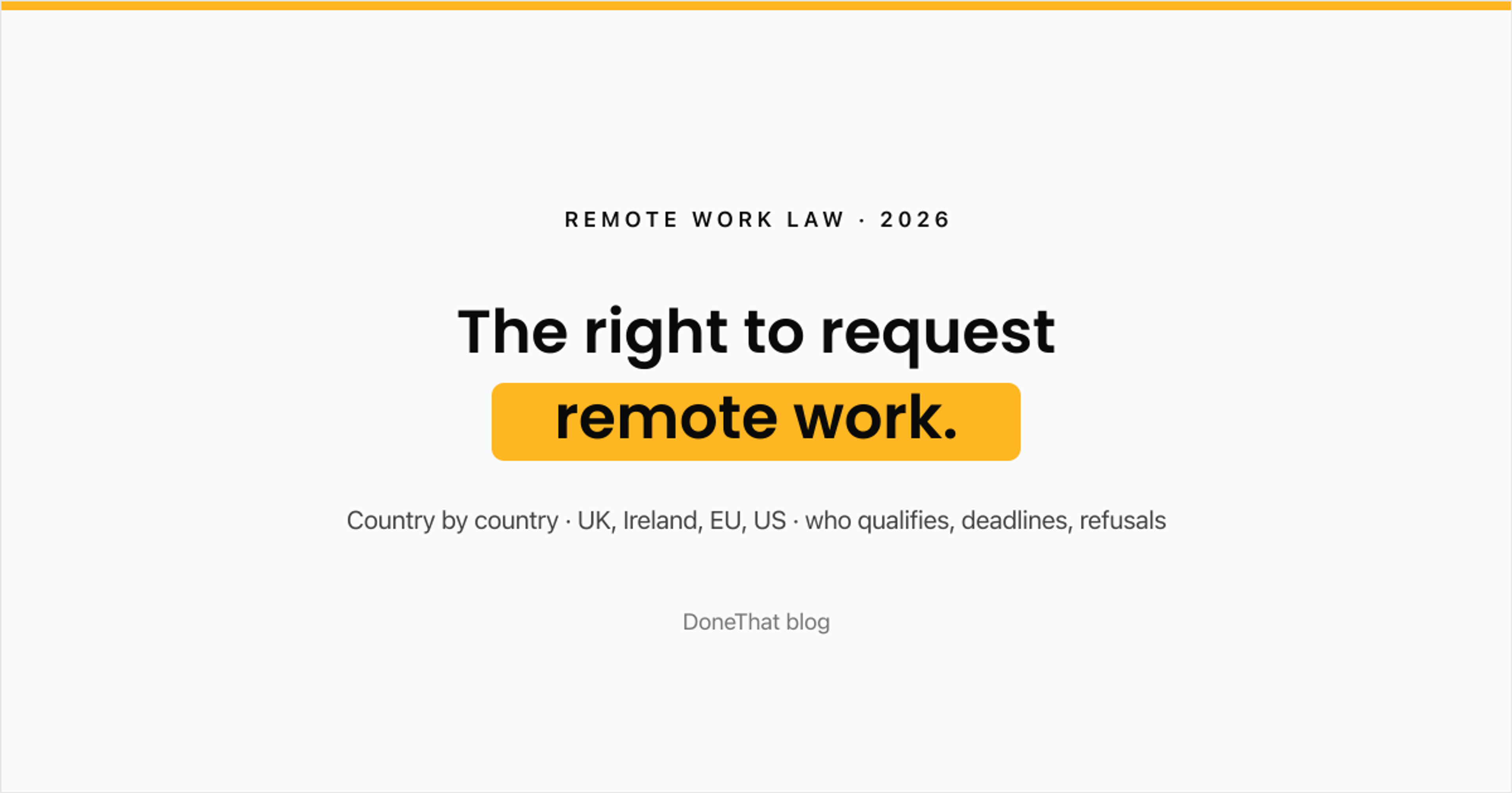 Title card reading The right to request remote work, country by country: UK, Ireland, EU and US, who qualifies, deadlines and refusals, on the DoneThat blog.