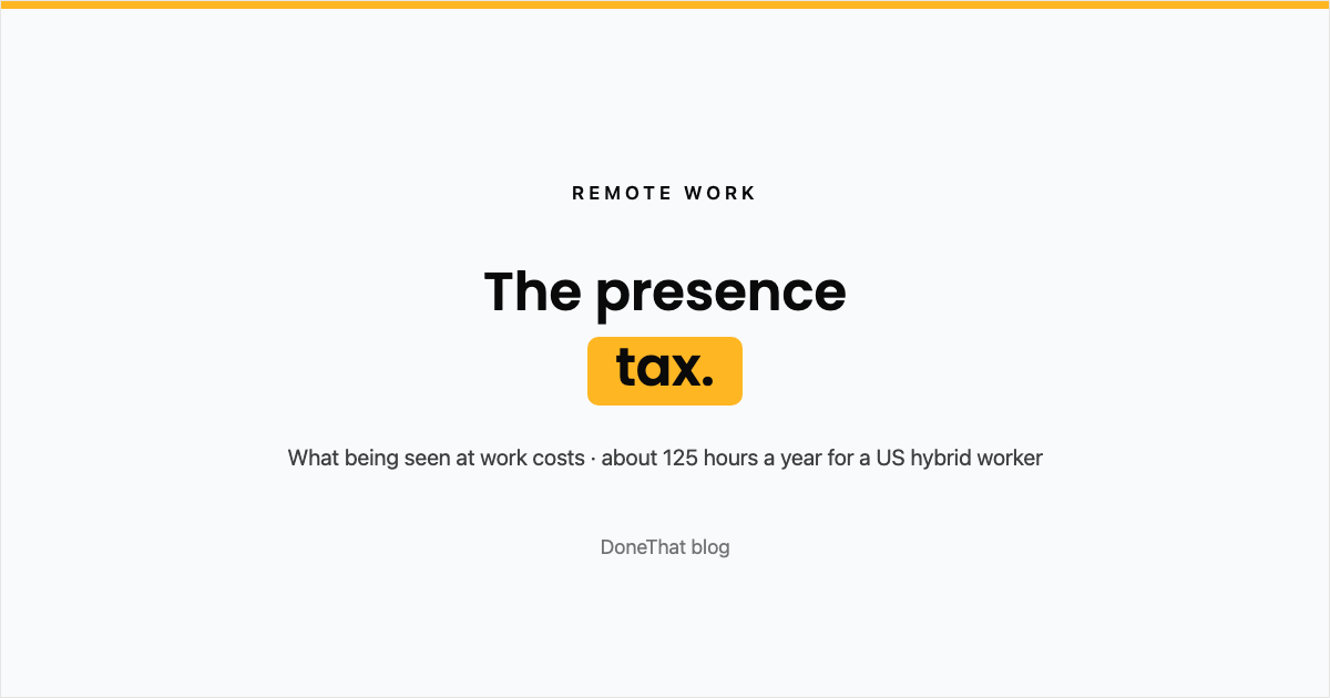 Title card reading The presence tax: what being seen at work costs, about 125 hours a year for a US hybrid worker, on the DoneThat blog.