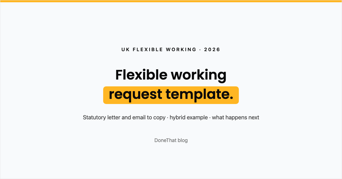 Title card reading Flexible working request template: statutory letter and email to copy, hybrid example and what happens next, on the DoneThat blog.