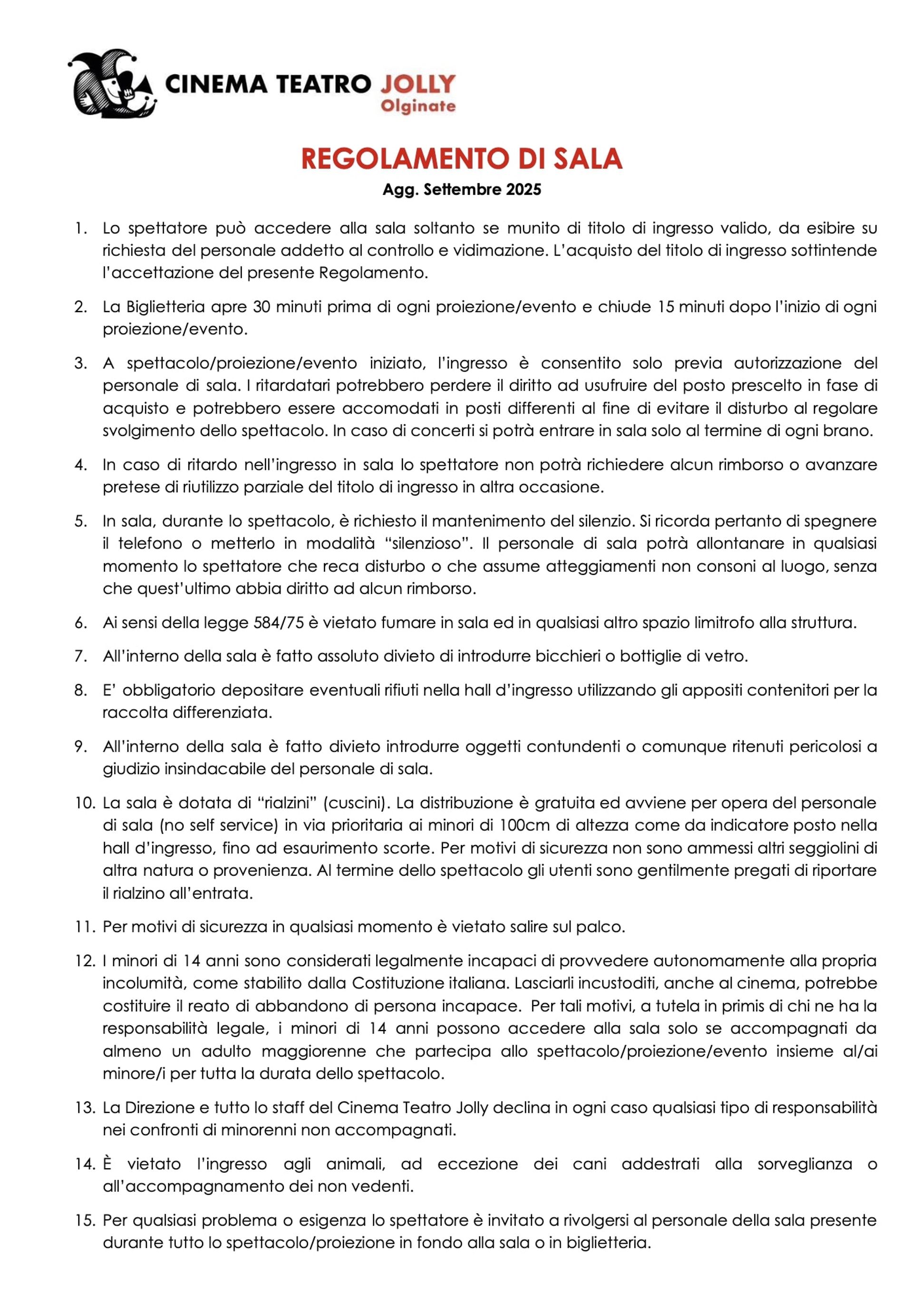 Regolamento di Sala