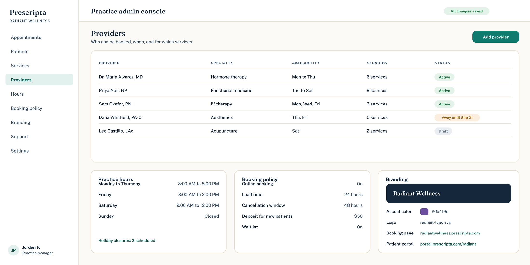 Prescripta practice admin console showing providers, practice hours, booking policy, and branding for a specialty clinic