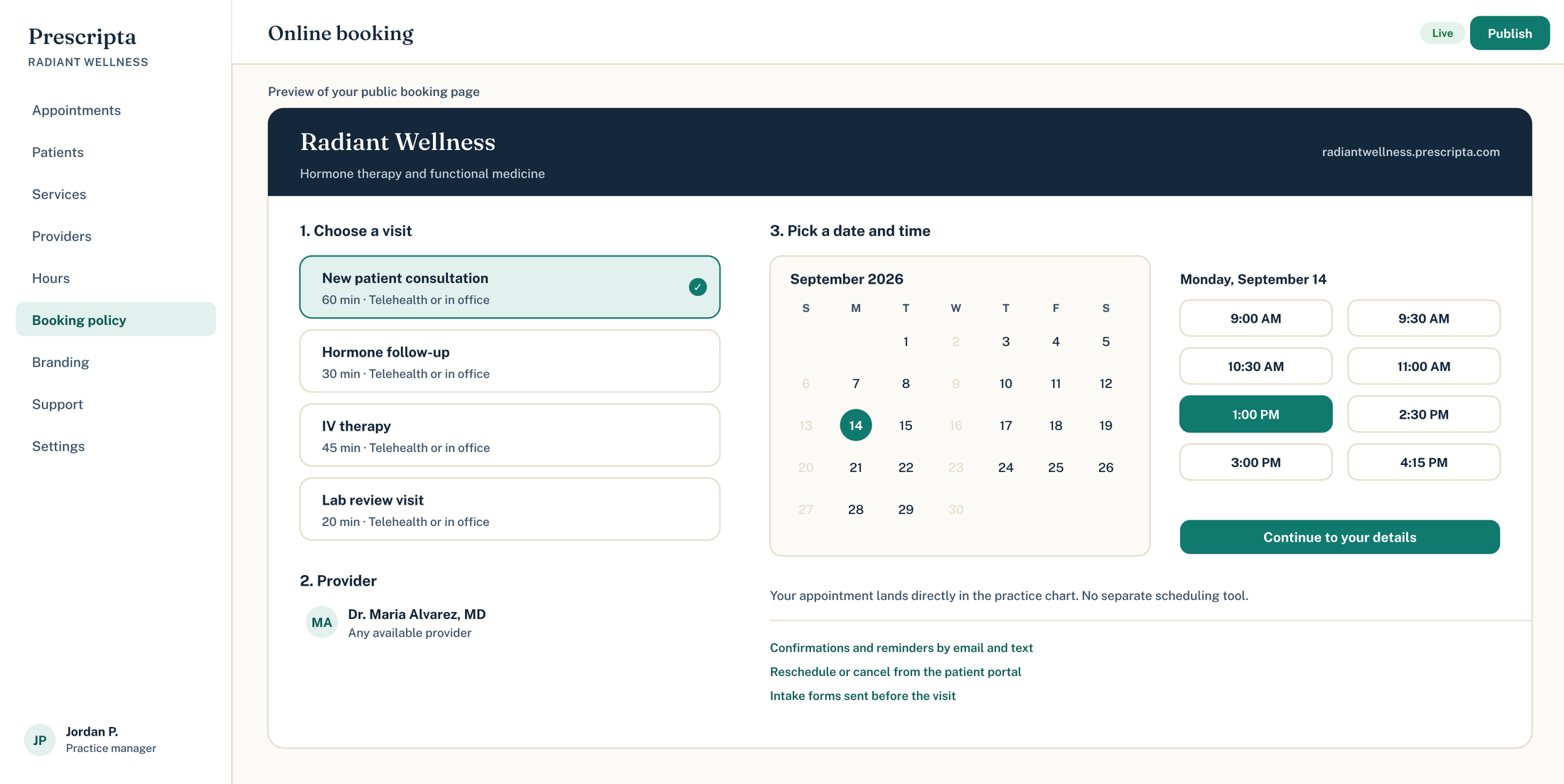 Prescripta online booking page for a specialty practice showing services, provider, and open appointment times
