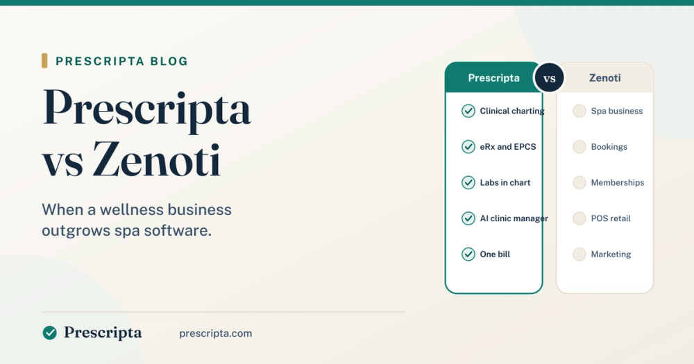 Prescripta vs Zenoti blog cover comparing clinical EHR features with spa business software