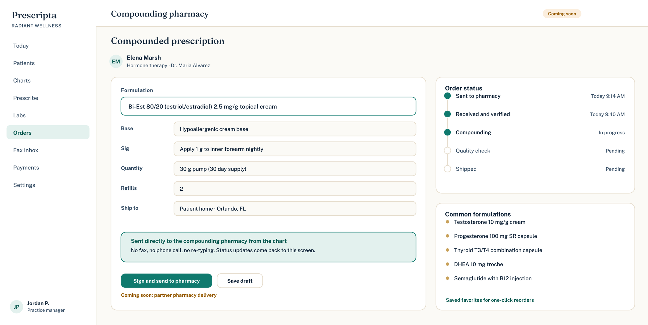 Prescripta compounded prescription sent from the chart to a compounding pharmacy with live order status