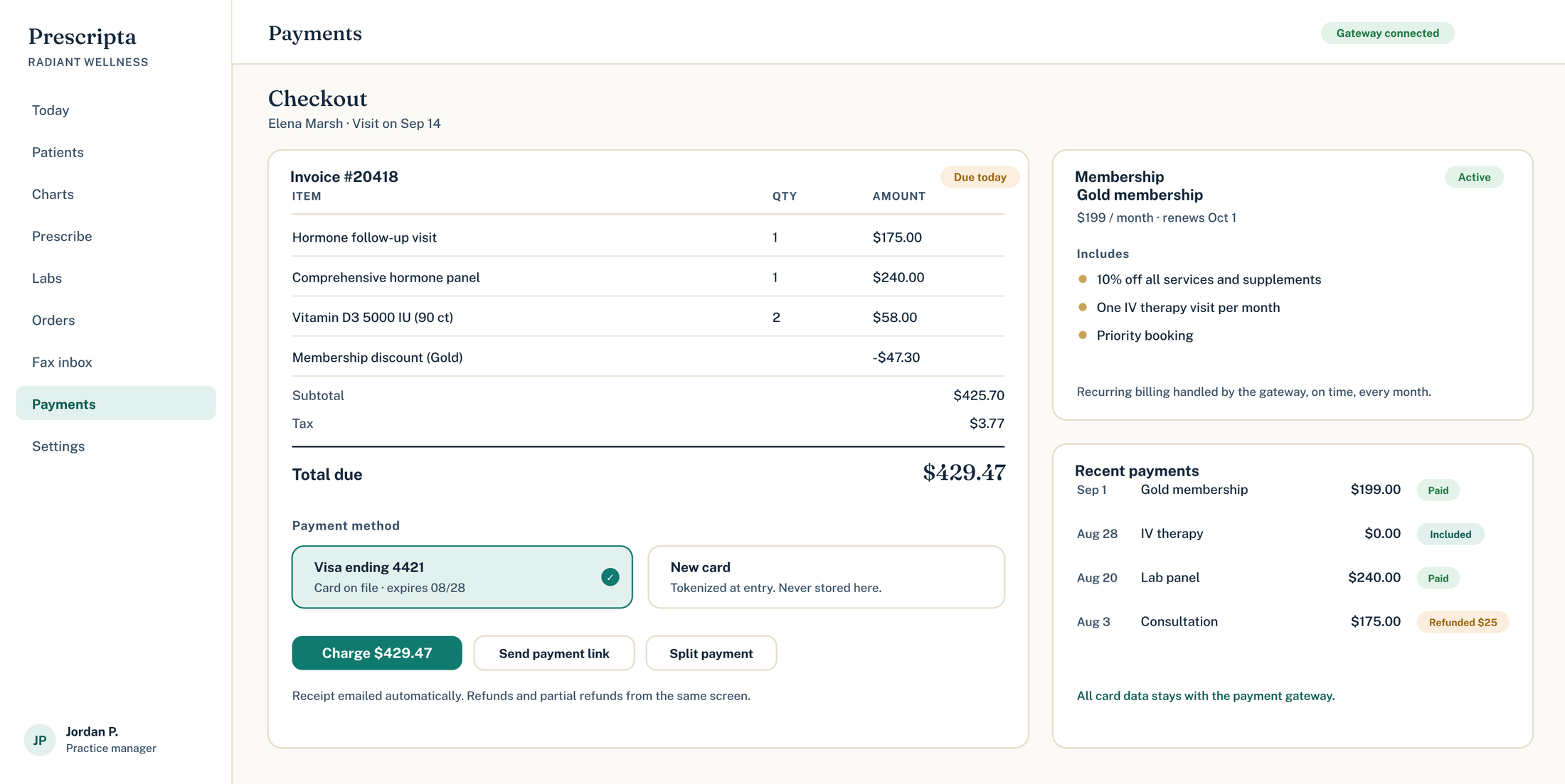 Prescripta payments checkout for a wellness practice with an itemized invoice, card on file, and recurring membership billing
