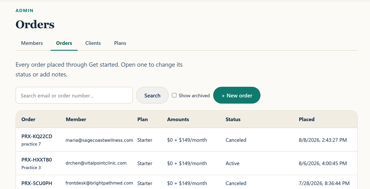 The Orders screen in the Prescripta admin showing orders and their statuses