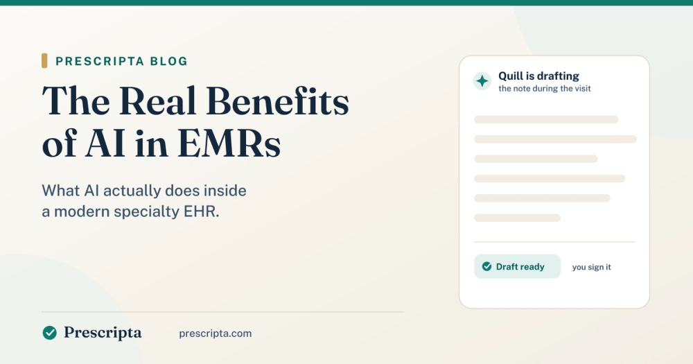 The Real Benefits of AI in EMRs blog cover showing an AI-drafted clinical note ready to sign