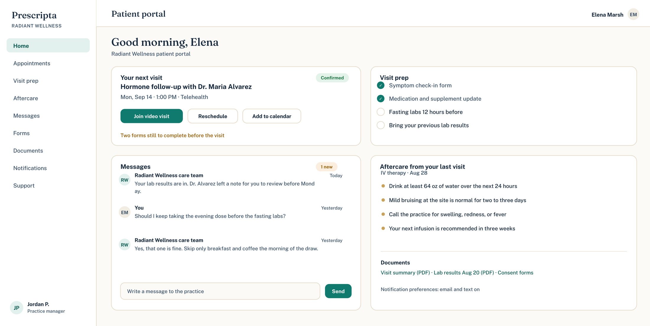 Prescripta patient portal for a wellness clinic with the next visit, visit prep checklist, secure messages, and aftercare