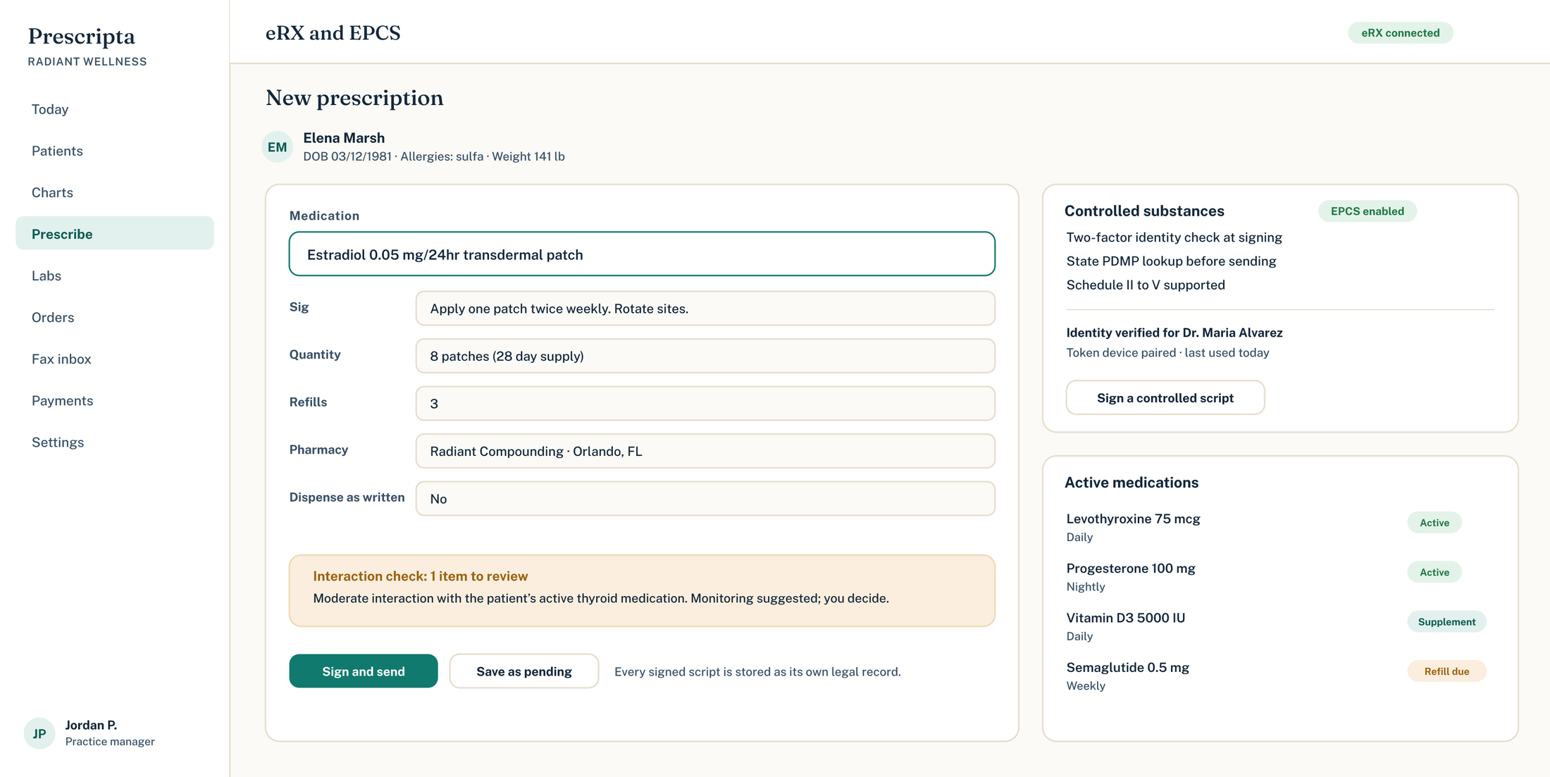 Prescripta eRX prescribing screen with interaction check and EPCS controlled-substance prescribing enabled