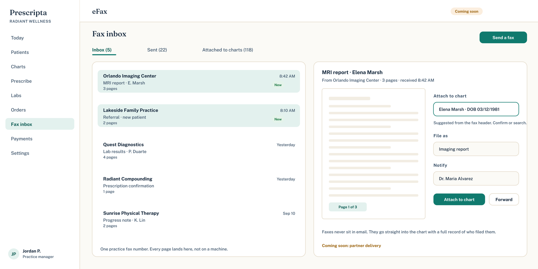 Prescripta eFax inbox for a specialty practice with incoming referrals and reports attached directly to the patient chart