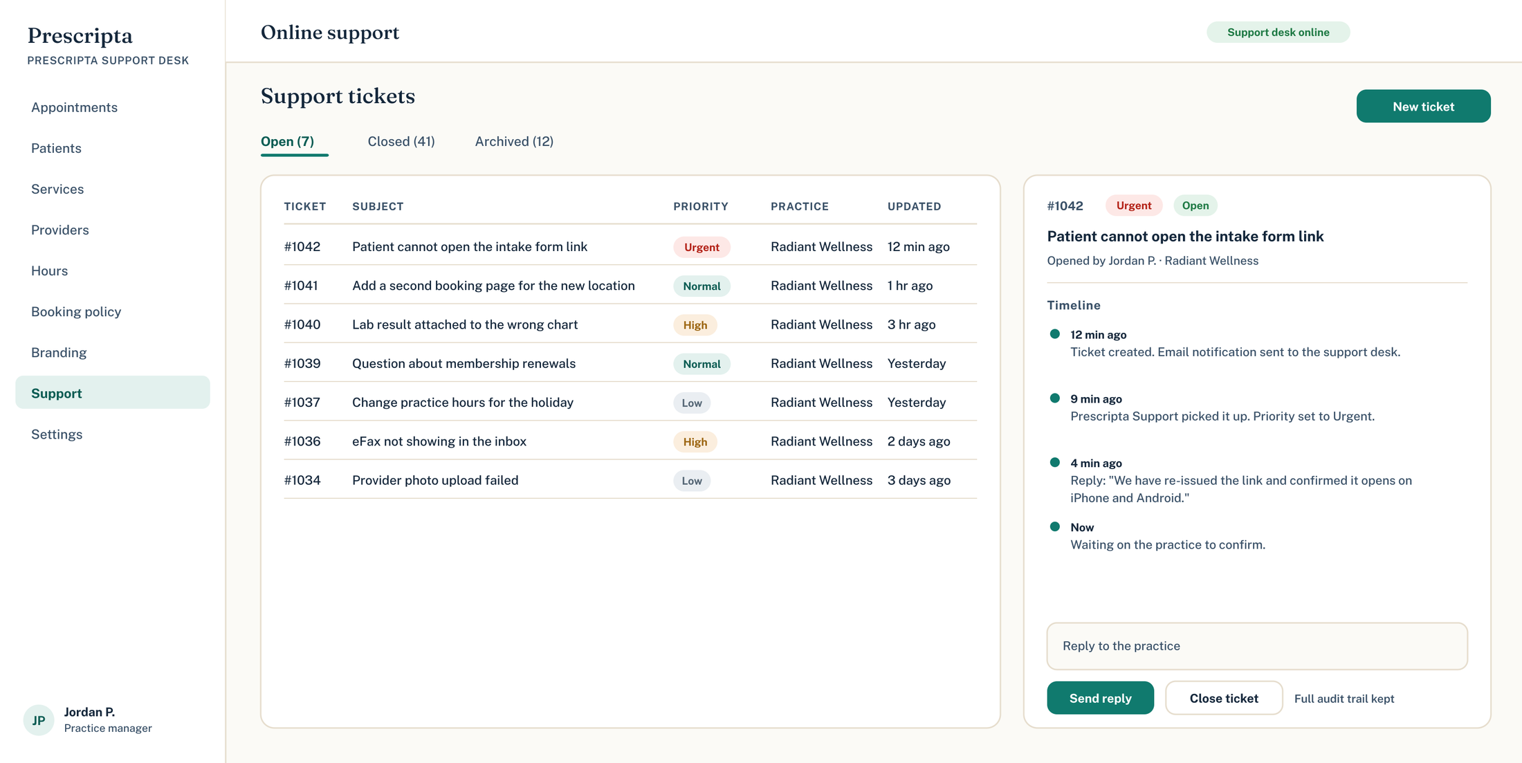 Prescripta online support desk with numbered tickets, priority levels, and a full audit timeline for a practice