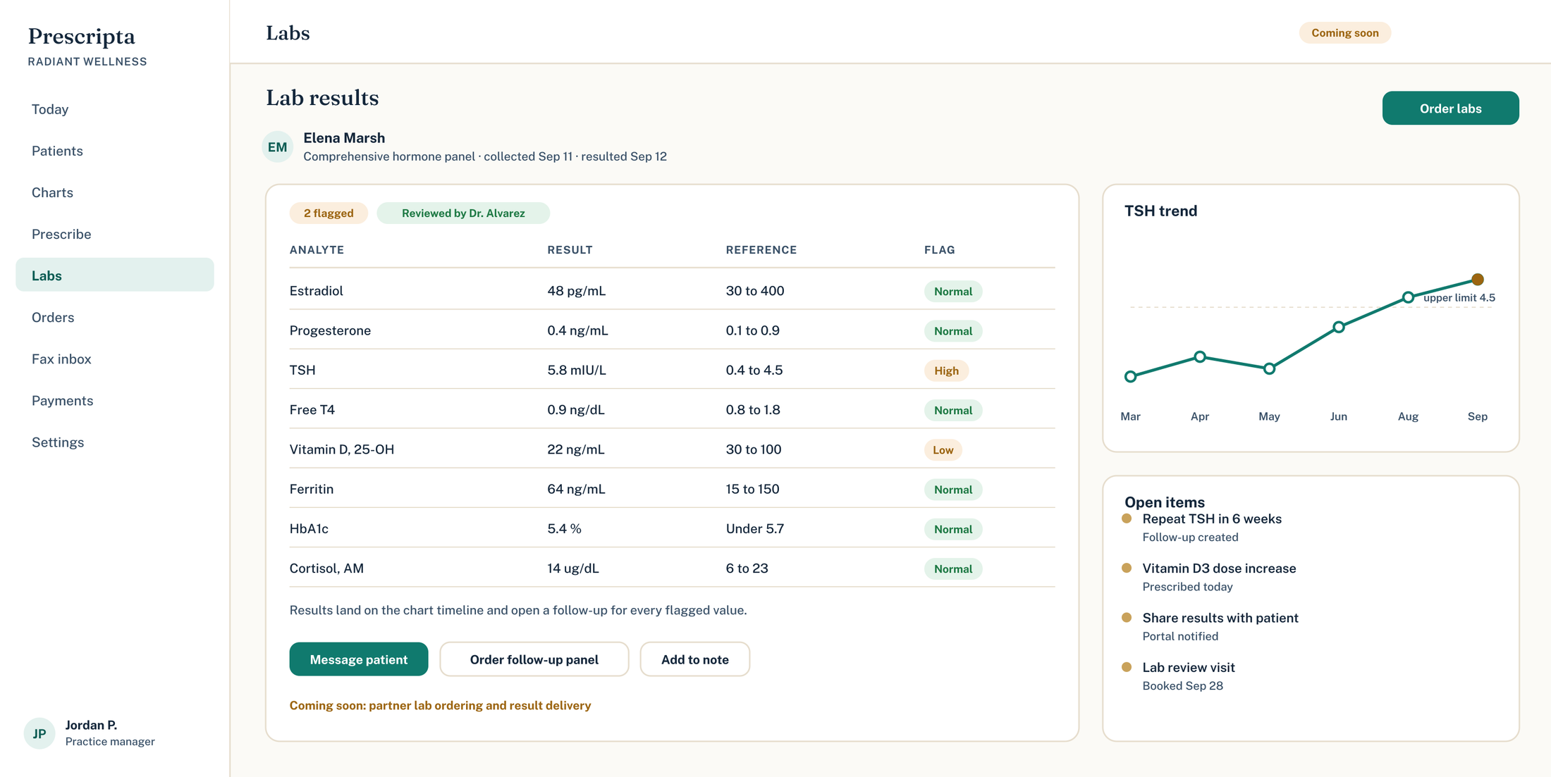 Prescripta lab results in the patient chart with flagged values, a TSH trend, and follow-ups opened automatically