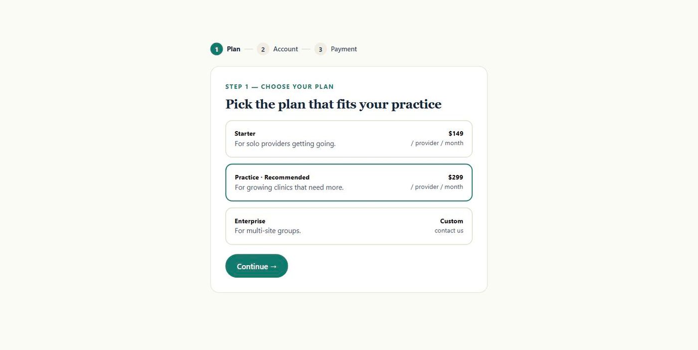 Choosing a Prescripta plan in the simple three-step signup