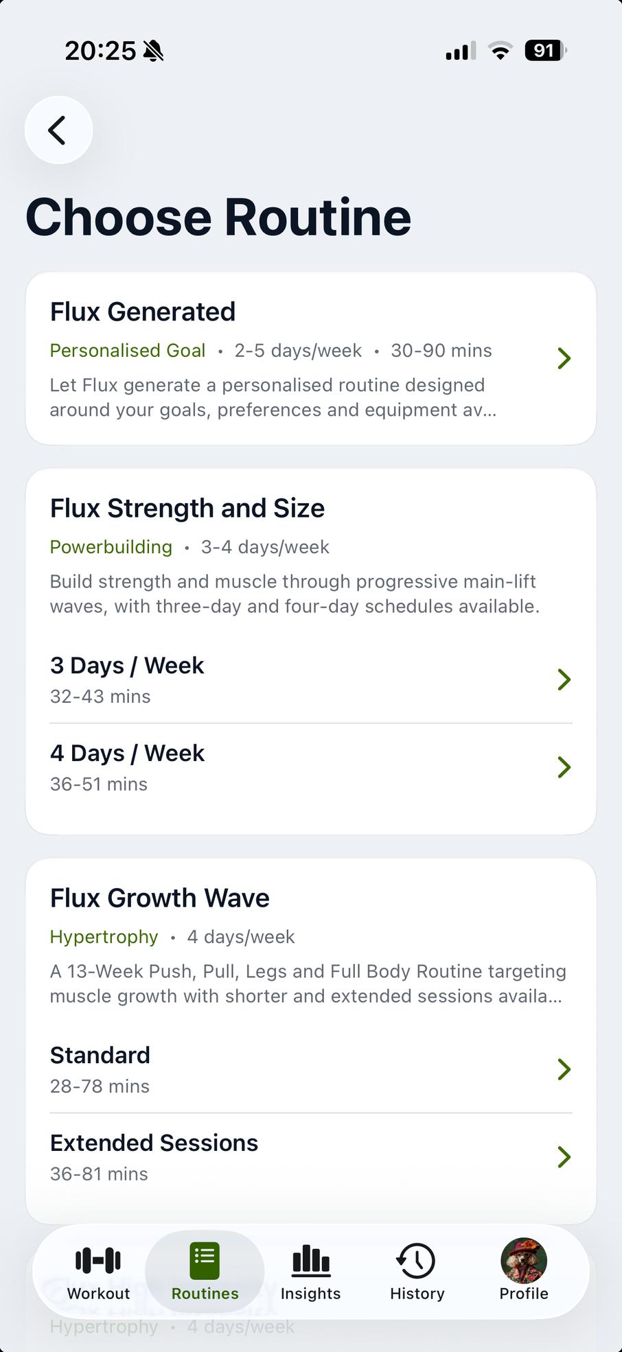 Browse Flux Generated and Routine Library programmes in Light mode.
