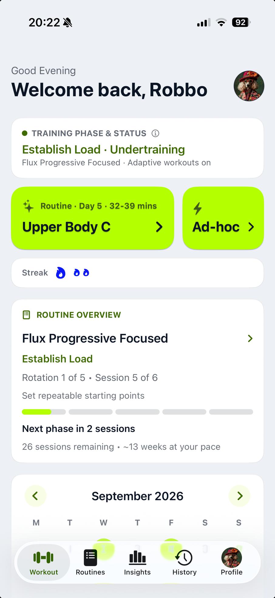 Dashboard in Light, with the current training phase, next workout and Routine Overview.