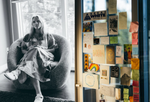 Split-screen image showing a person sitting thoughtfully in a modern armchair by a bright window on the left, and a colorful collage of notes, photos, and drawings pinned to a glass surface on the right.