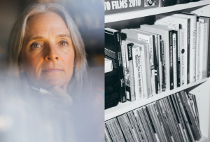 Split image showing a thoughtful older woman with gray hair gazing into the distance on the left, and a close-up of a bookshelf filled with books and magazines on the right.