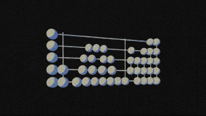 Stylized illustration of an abacus with cream and blue beads on horizontal rods, set against a textured black background.
