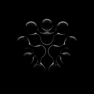 Abstract 3D rendering of glossy black, interconnected droplet-like shapes forming a symmetrical, organic pattern on a dark background.