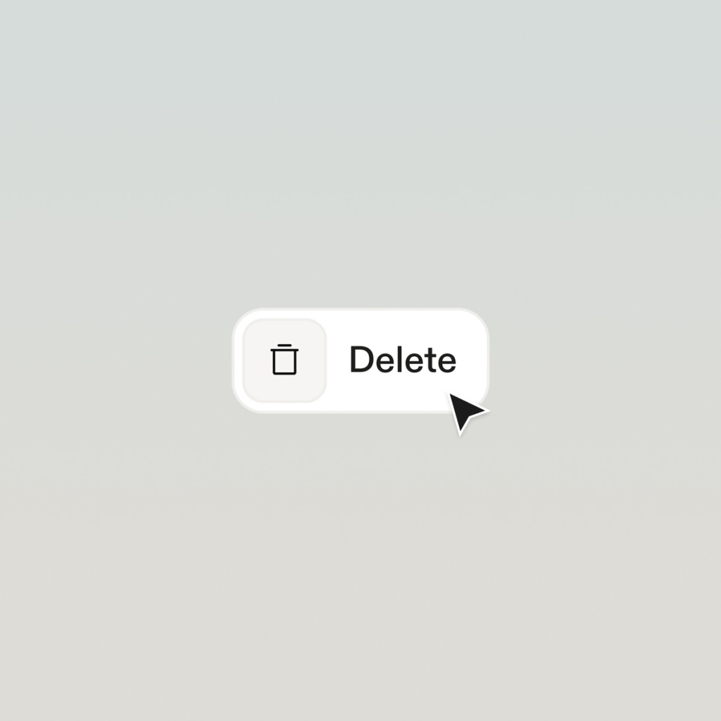 A computer cursor hovers over a rounded white button labeled “Delete” with a trash can icon on a light gradient background.