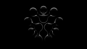 Abstract 3D rendering of glossy black, bubble-like shapes arranged symmetrically on a dark background, forming a fluid, organic pattern.