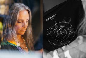 Diptych image showing a person with long gray hair looking down thoughtfully on the left, and a close-up on the right of them holding a black fabric printed with concentric circular diagrams and technical-looking labels.