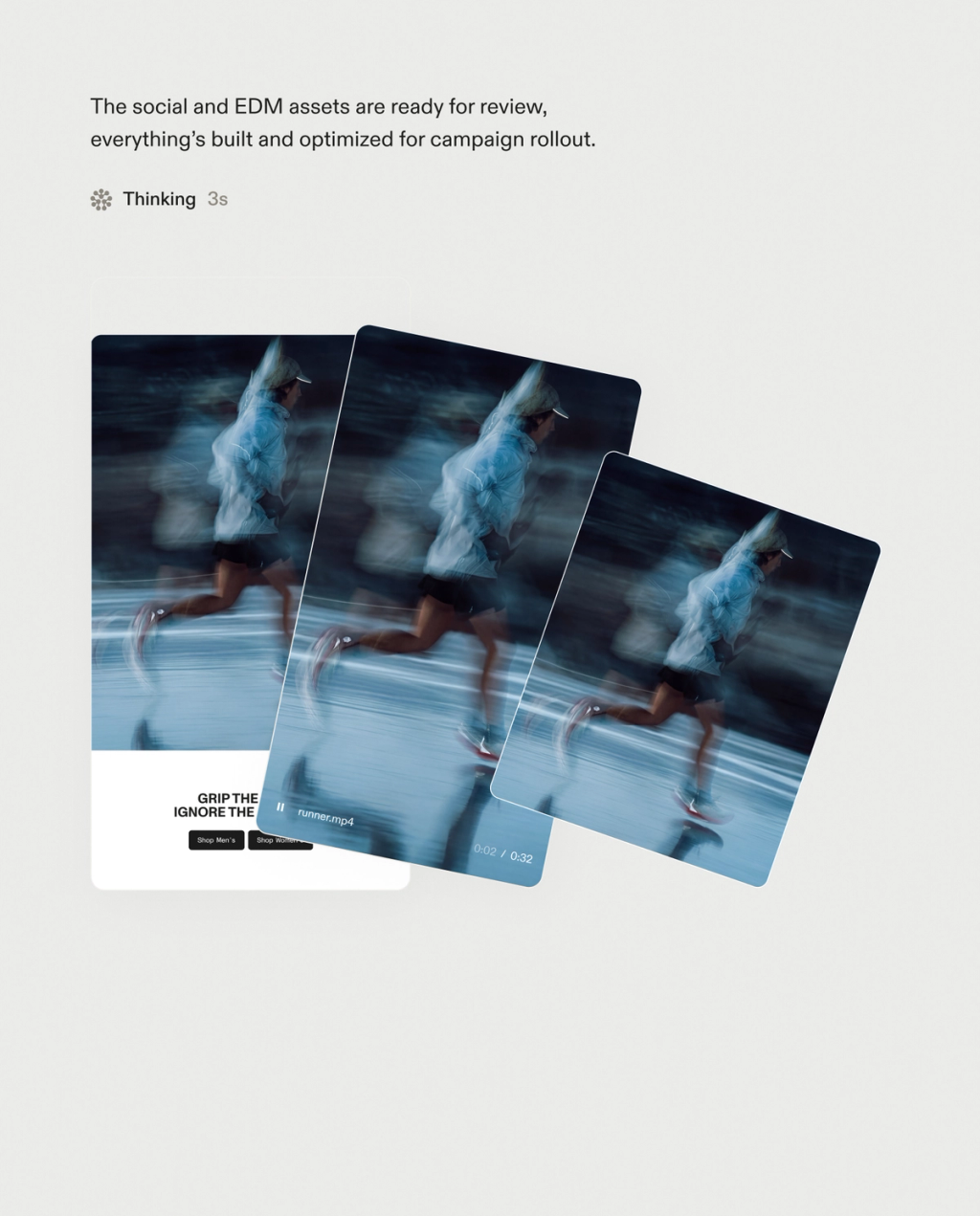Text about social and EDM assets being ready for review, above three overlapping screens depicting a motion-blurred runner in ads and a video player.