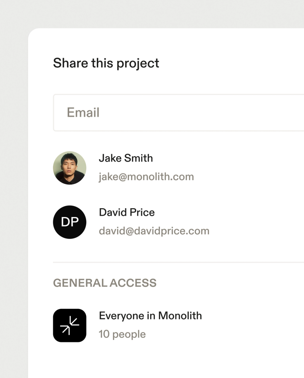 A "Share this project" dialog box with an email input field, suggested contacts Jake Smith and David Price, and general access settings.