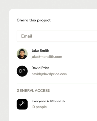 A "Share this project" dialog box with an email input field, suggested contacts Jake Smith and David Price, and general access settings.