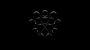 Abstract black 3D shapes resembling glossy, connected spheres form a symmetrical, organic pattern centered on a dark background.