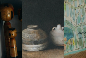 Triptych-style image showing, from left to right, a group of wooden kokeshi dolls, a dark still life painting of two rustic ceramic vessels, and a colorful sketch of a building facade with small human figures.
