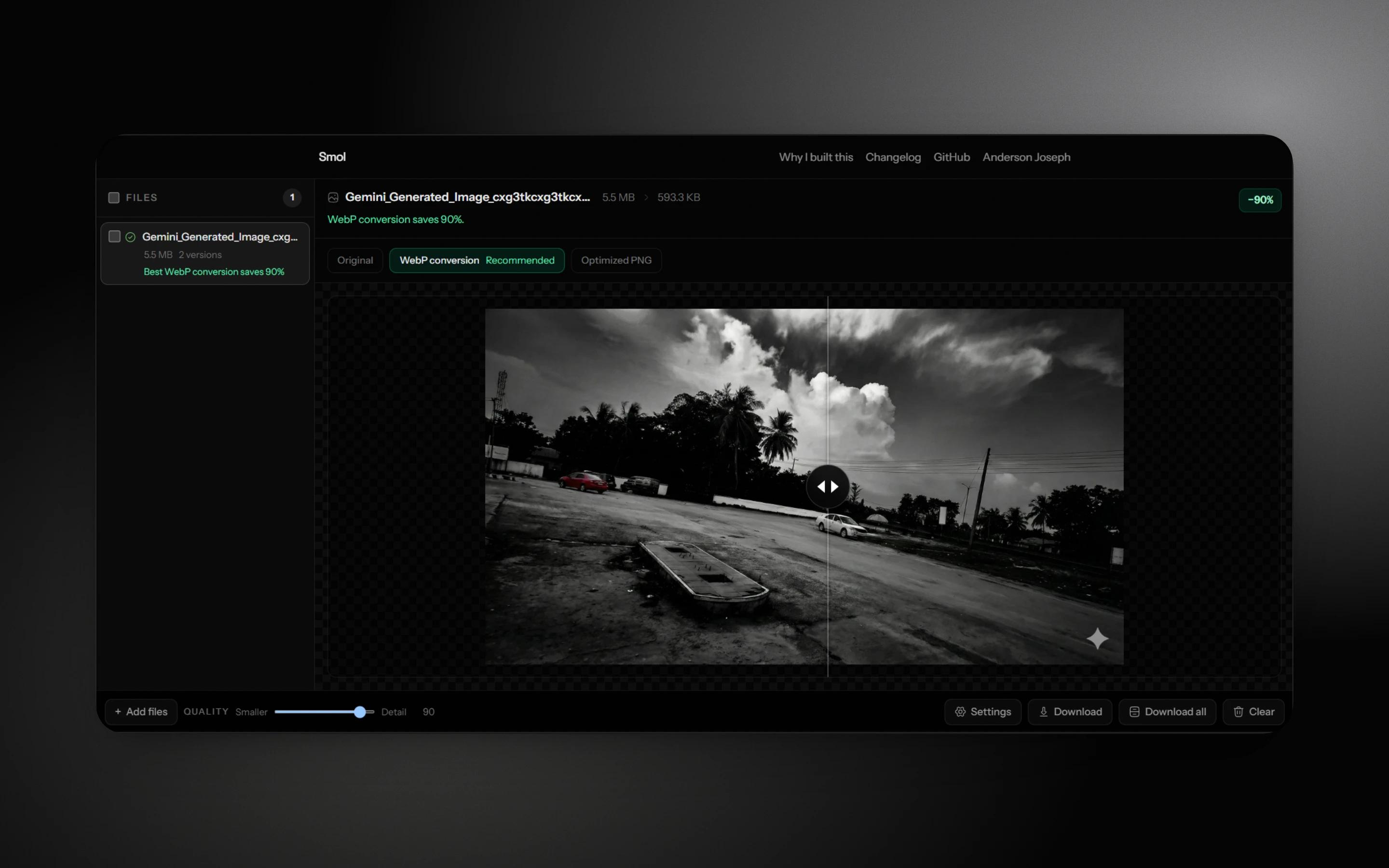 A compressed photo shown with the WebP conversion tab selected, showing a 90 percent size reduction from 5.5MB to 593KB with no visible quality loss