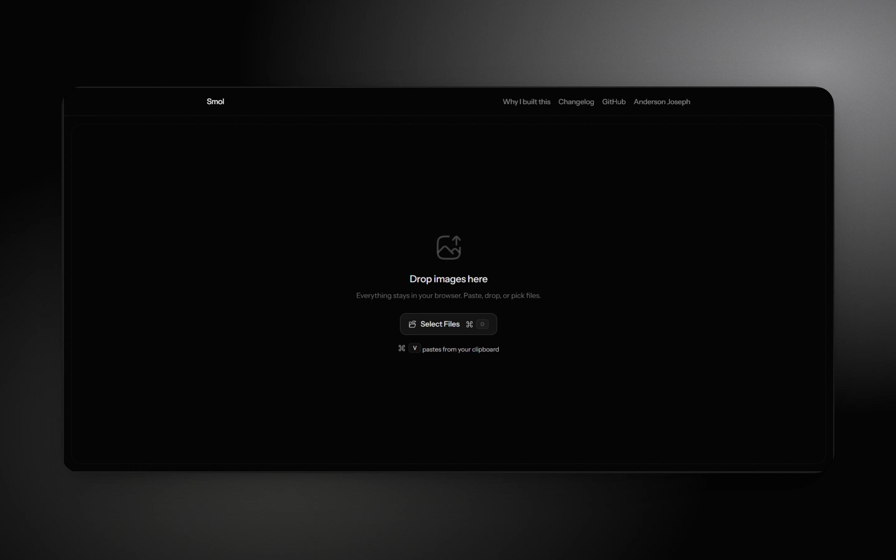 Smol's empty start screen: a centered drop zone reading "Drop images here", with a Select Files button and a clipboard-paste shortcut
