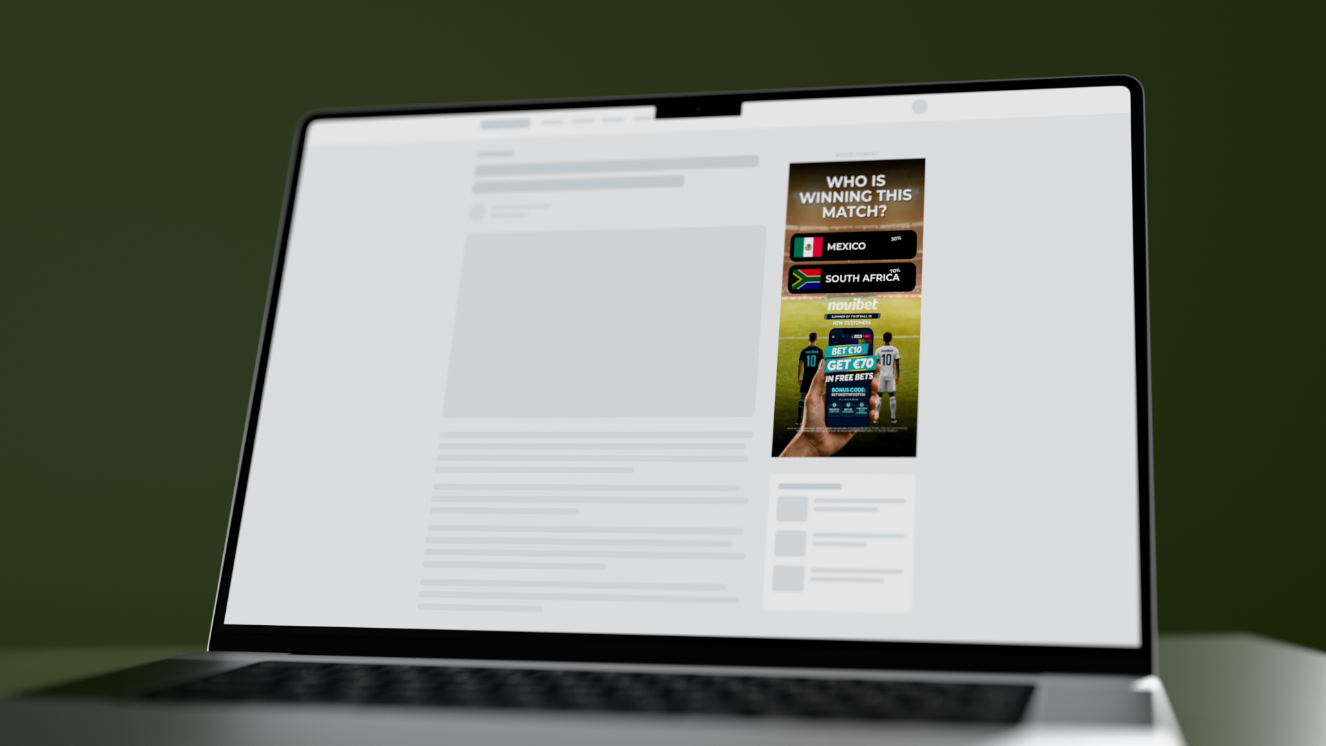 En annonse bygget på feeden, med to lag med flagg og live-prosenter i sidefeltet på en nettside