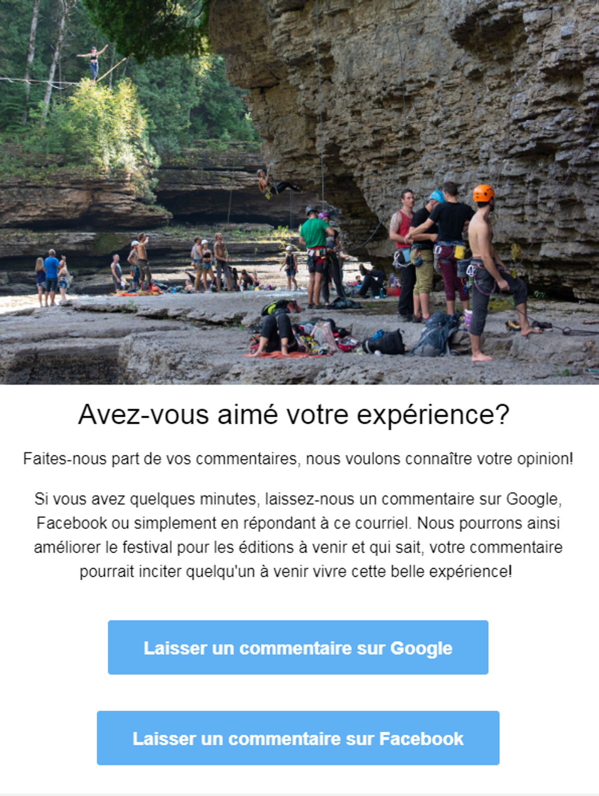 Infolettre - Avez-vous aimé votre expérience- Le festival de l'escalade de rocher.