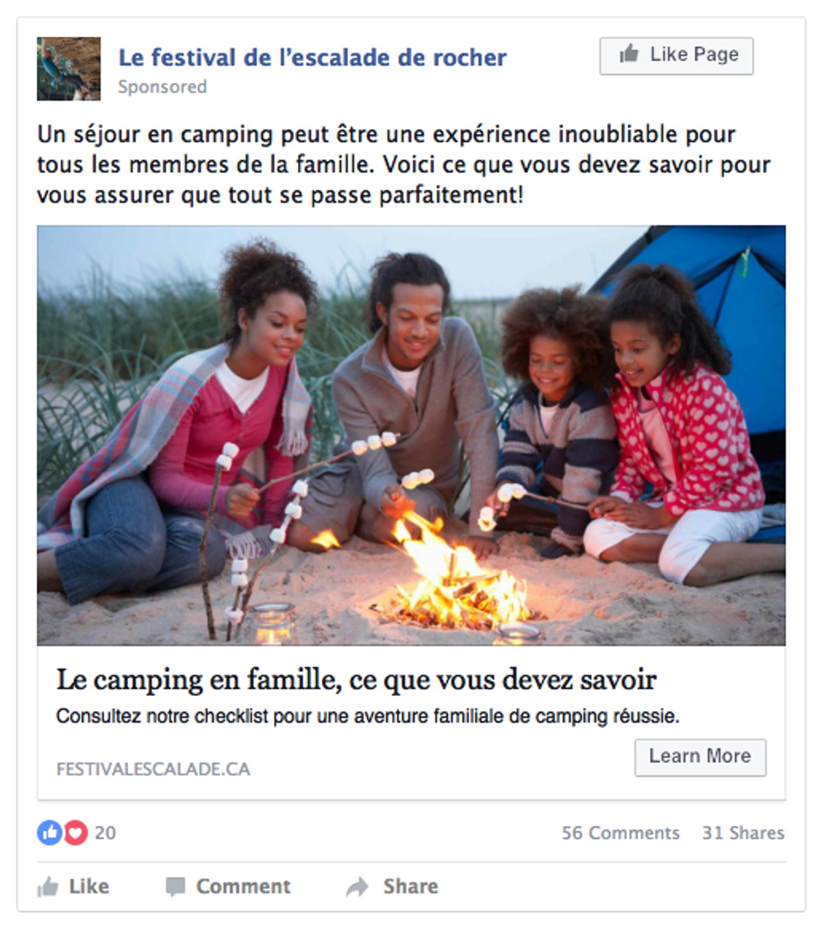 Publication Facebook : Le camping en famille, ce que vous devez savoir - Le festival de l'escalade de rocher.
