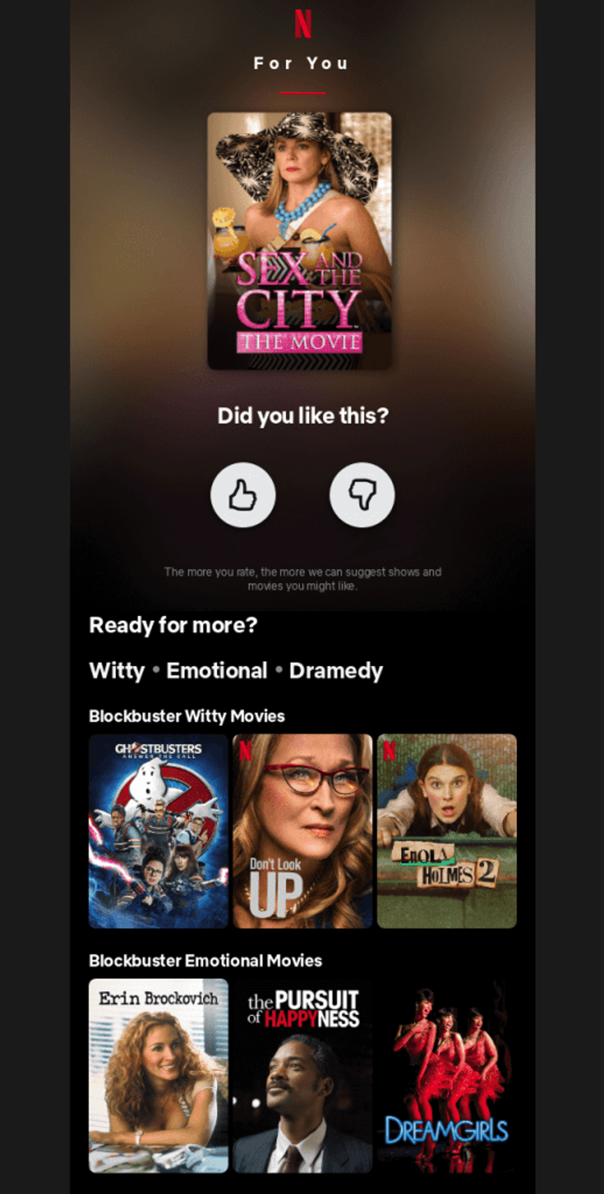 A cropped screenshot from an email from Netflix recommending other titles for someone who has watched Sex and the City: The Movie. This is an example of behavioural segmentation in email marketing.