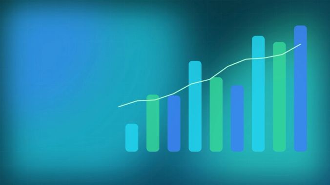 Rising bar chart with a trend line on a teal background