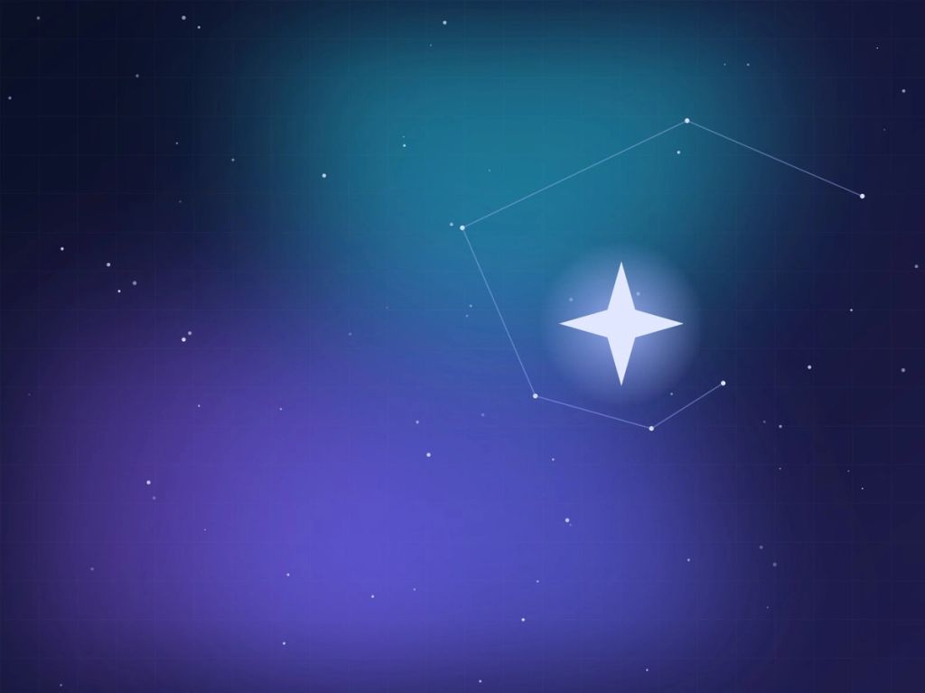A bright four-pointed star surrounded by a constellation on a deep indigo sky
